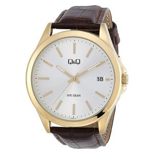  Q&Q Watch A484J101Y For Men - Analog Display, Leather Band -Brown 
