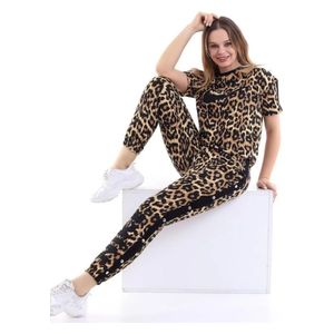  Women's Leopard Print Lounge Set with Side Button Detail - Beige 