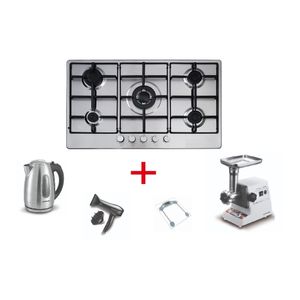 Haier HHB-G90X - 5 Burners - Built-In Gas Cooker - Silver + Meat Grinder + Hair Dryer + Personal Scale + Kettle 
