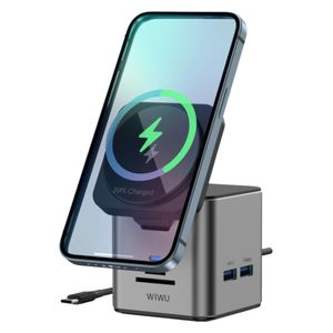  محطة إرساء دبليو اي دبليو يو 9 في1 متعددة المنافذ - شحن لاسلكي بقوة 15 واط - تصميم متين وصغير الحجم - بطول 0.2 متر - رمادي 