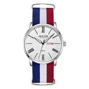 ساعة جوليوس للرجال - عرض بعقارب, سوار من القماش - أبيض