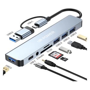 UR Power UH81CR - 8 in 1 USB-C Hub - Up to 5 Gbps - Silver 