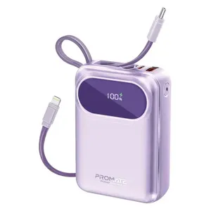  Promate - Power Bank - 20000mAh - 35W - Built in USB-C & Lightning Cables - Smart LED Display - Purple 