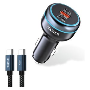  Master Car Charger - 3 Ports - 140W - with USB-C to USB-C Cable - 100W - Black 