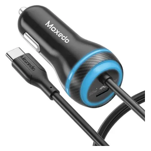 شاحن سيارة Moxedo - قدرة 60W - كيبل يو اس بي سي  مدمج - منفذ يو اس بي إضافي - أسود