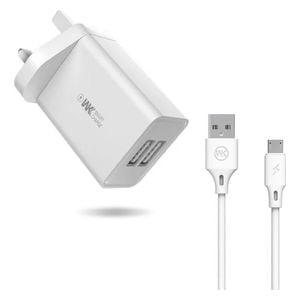 شاحن جداري من ويكوم - WK WP U56 - مزدوج مع كيبل يو اس بي الى مايكرو يو اس بي - بقوة 10 واط - ابيض