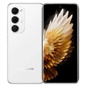 Tecno Spark 40 Pro Plus - 6.78" 144Hz 3D AMOLED display - MediaTek Helio G200 processor - 50MP rear camera - 5200mAh battery with 45W wired and 30W wireless charging - IP64 water resistance - Android 15 / HiOS 15.1 - White