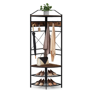  Corner Hall Tree Industrial Storage Rack with 4 Shelves and Hooks - Black 