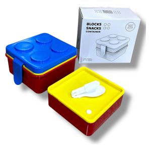 Plastic Food Container in a Square Shape, Mekano Design, with a Plastic Spoon 
