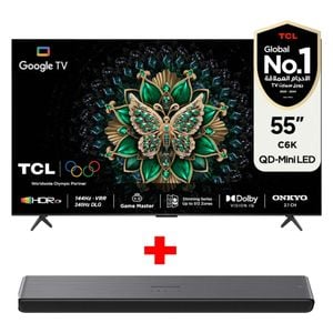 شاشة تي سي ال 55-انج فئة C6K - سمارت - 4K - QD-Mini LED - إصدار 2025 - 240 هيرتز + سماعة ساوند بار تي سي ال - S45H