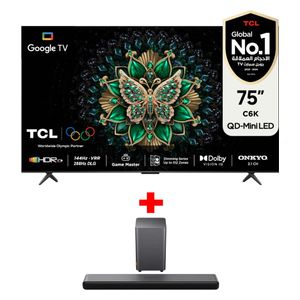 شاشة تي سي ال 75-انج فئة C6K - سمارت - 4K - QD-Mini LED - إصدار 2025 - 120 هيرتز + سماعة ساوند بار تي سي ال - S55H