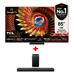 شاشة تي سي ال 85-انج فئة C8K - سمارت - 4K - Mini LED - إصدار 2025 - 144 هيرتز + ساوند بار تي سي ال - Q65H - أسود