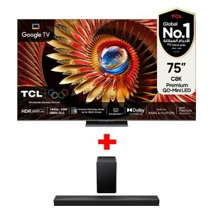 TCL 75-Inch C8K Series - Smart - 4K - Mini LED - 144Hz - 2025 Model + TCL Q65H - Home Theater Soundbar - Black