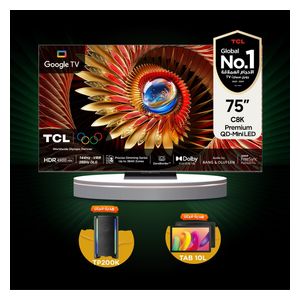 شاشة تي سي ال 75-انج فئة C8K - سمارت - 4K - Mini LED - إصدار 2025 - 144 هيرتز + تي سي ال تاب 10L + سماعات تي سي ال - TP200K - اسود