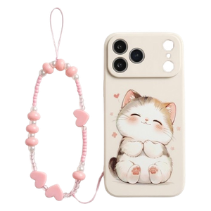  Cute Cat Design iPhone 17 Pro Max Case with Beaded Strap - Off-White 