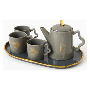  طقم شاي سيراميك مع إبريق - 6 قطع - رمادي فاتح 
