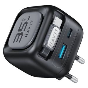  شاحن جداري هافيت - UC250 A-UK - كيبل قابل للسحب مدمج - مجمل 35 واط - اسود 