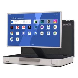  شاشة عرض داخل الحقيبة محمول باورولوجي - شاشة LCD مقاس 27-انج عالية الدقة بالكامل - نظام أندرويد - زوايا عرض قابلة للتعديل 90 درجة - أبيض 