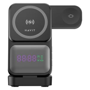  Havit W3107 Wireless Charger - 3 in 1 - with LED clock - Foldable design - Black 