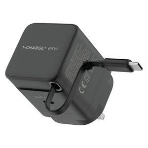 Momax Charger - Up to 65W fast charging - Ports: 1 × USB-C + 1 built-in retractable USB-C cable - Black