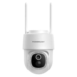  Powerology - Built-in Solar Pan & Tilt Outdoor Camera - IP65 Waterproof - 2K Quad HD Resolution - White 