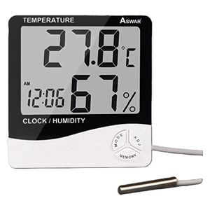  Aswar - DM Digital Temperature & Humidity Clock - Indoor/Outdoor Sensor and Alarm - Black 