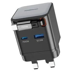 Powerology - Wall Charger - Dual-Port - 65W - Retractable Cable - Black