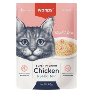وانبي طعام القطط باللحم الحقيقي بنكهة الدجاج والروبيان - 85 غم