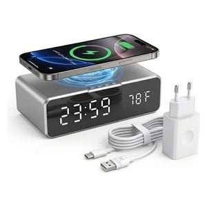  Krontaler Smart Table Clock with Wireless Charger, Alarm, and Temperature - 10W - Silver 
