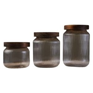  Polished Glass Jars With Wooden Lids, Set of 3 - Transparent 