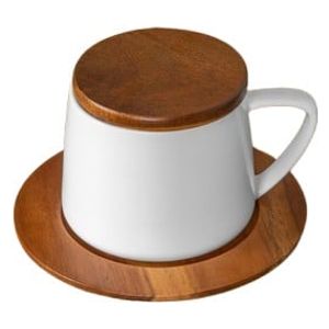  Ceramic Cup with Wooden Base and Lid - White 
