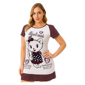  فستان نوم نسائي قطني - تصميم قطة كارتونية - ماروني 