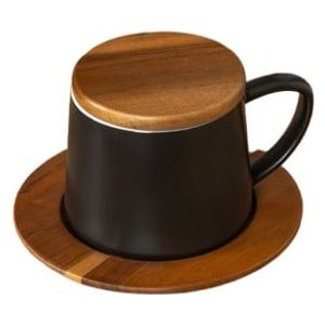  Ceramic Cup with Wooden Base and Lid - Black 