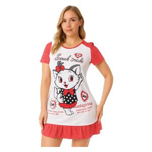  فستان نوم نسائي قطني - تصميم قطة كارتونية - روز 