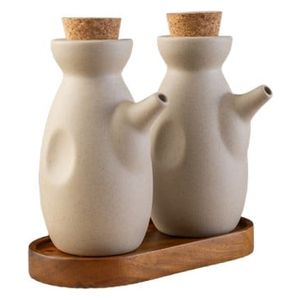  Ceramic Oil Set with Wooden Base - Beige 