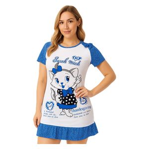  فستان نوم نسائي قطني - تصميم قطة كارتونية - ازرق 