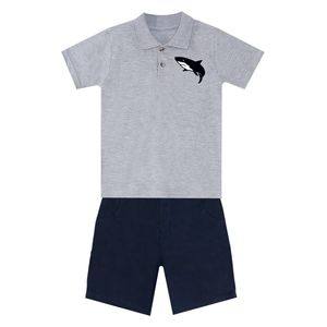 طقم بولو بياقة مطرزة بسمكة القرش مع شورت من قماش قطني مائل - 7 سنوات