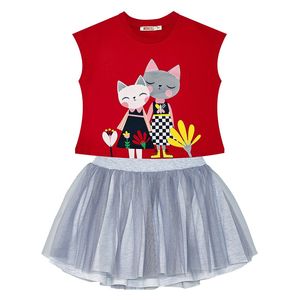 طقم تيشيرت وتنورة تول بطبعة قطط للبنات - 3 سنوات