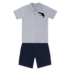 طقم بولو بياقة مطرزة بسمكة القرش مع شورت من قماش قطني مائل - 9 سنوات