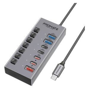 Promate 7-in-1 Multi-Port USB Hub - 10Gbps Fast Charging - Gray