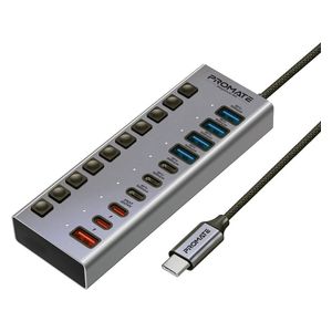 Promate 10-in-1 Multi-Port USB Hub - 5Gbps ​​- Fast Charging - Gray