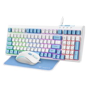  مجموعة كيبورد وماوس هافيت KB897CM - إضاءة رينبو - مفاتيح صامتة - 2400 DPI - أزرق 