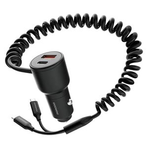 Porodo Car Charger - Dual Ports - Built-in USB-C Cable - 30W Power - Black