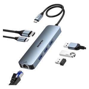  محول بنفي 6 في 1 - بمنفذ يو اس بي سي  و اتش دي ام اي بدقة 4K، إيثرنت، وشحن سريع 100 واط - رمادي 