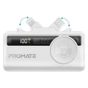  باور بانك بروميت - 5000 مللي امبير - صغير بشحن 20 واط - يو اس بي سي ولايتينغ مدمج وشاحن ساعة ابل - ابيض 