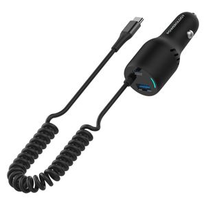 Powerology Car Charger - Dual Ports with Spiral Cable - LED Lighting - Black