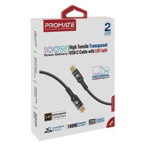  كيبل شحن بروميت - يو اس بي سي  إلى يو اس بي سي -  100 واط - إضاءة ليد - 2 متر- اسود 