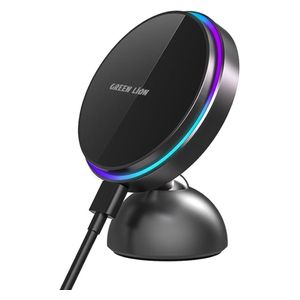 حامل وشاحن سيارة جرين ليون -  يدعم ماك سيف - قوة 15 واط  - إضاءة ار جي بي - أسود