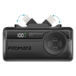 باور بانك بروميت - 5000 مللي امبير - صغير بشحن 20 واط - يو اس بي سي ولايتينغ مدمج وشاحن ساعة ابل - اسود