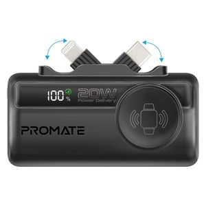  باور بانك بروميت - 5000 مللي امبير - صغير بشحن 20 واط - يو اس بي سي ولايتينغ مدمج وشاحن ساعة ابل - اسود 